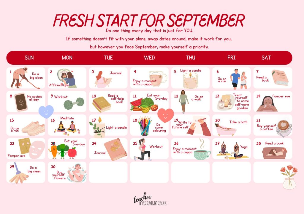 Fresh start for September teacher self-care daily goals for new year